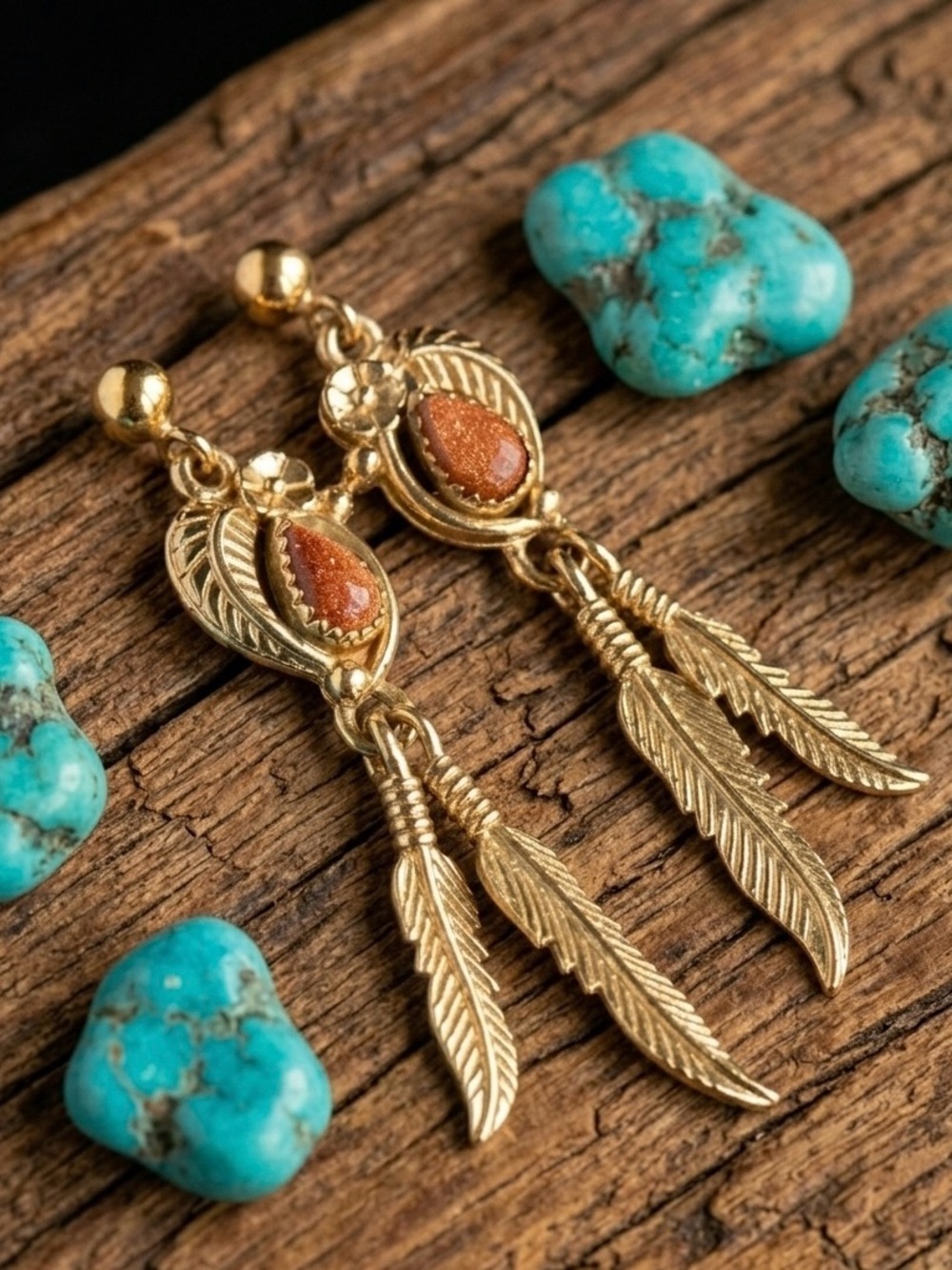 VTG WHEELER Southwestern Style Goldstone Feather Dangle Post Earrings